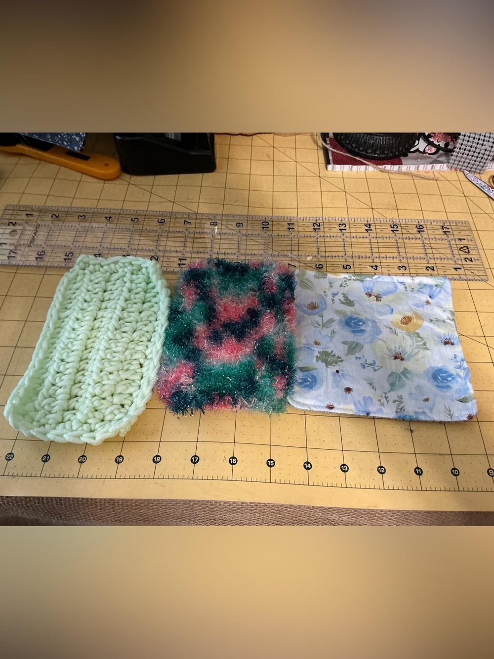 2 Handmade crochet dish scrubbies and 1 sewn jar opener!
